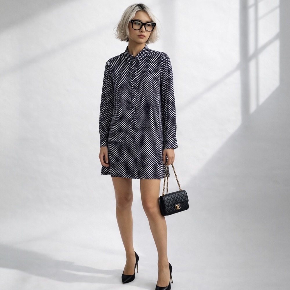 Equipment Femme Silk Navy & White Polka Dot Mini Shirt Dress
